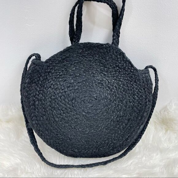 Wicker Tropical Palm Tree round bag black with hand & shoulder handle st… - Picture 2 of 5